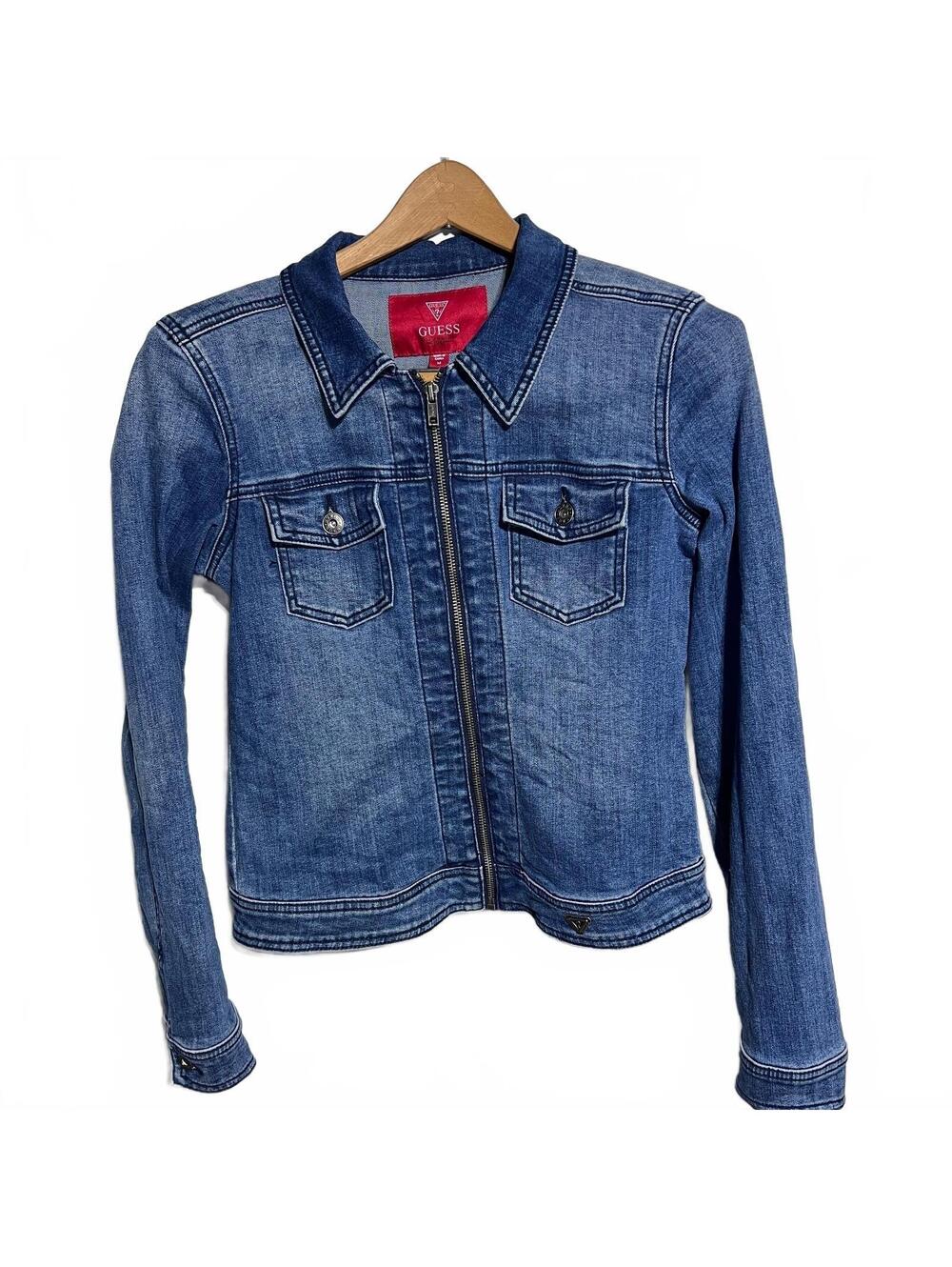 Guess Jean Jacket Women’s Blue Denim zippered Stretch Moto Trucker Size Medium